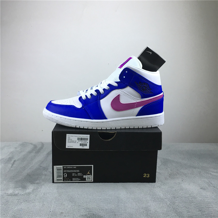 2019 Women Air Jordan 1 Mid White Blue Purple Shoes